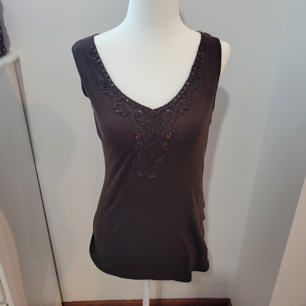 Vintage Style & Co Hippie Boho Beaded Brown Festival Style Tank | Medium